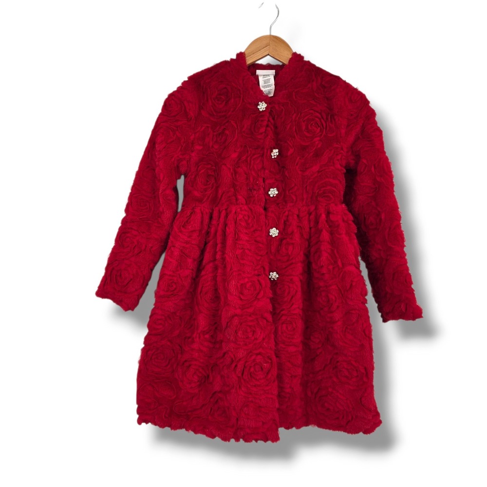 Blueberi Boulevard Girls Red Rosette Faux Fur Coat Rhinestone Buttons Size 12